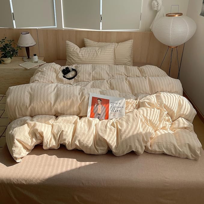 mixinni Retro Striped Duvet Cover Set Full Size - 100% Washed Cotton Beige Duvet Cover with Black White Stripes, Soft Breathable 3 Piece Comforter Cover with Zipper Closure & Corner Ties
