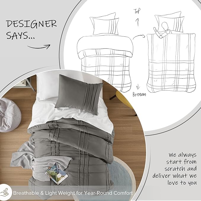 Comfort Spaces Grey Twin Size Duvet Cover Set - 2 Pieces Pintuck Pleated Duvet Cover All Season Lightweight, Extra Softness Pre-Washed Microfiber Twin Bedding Cover Shams, Twin/Twin XL