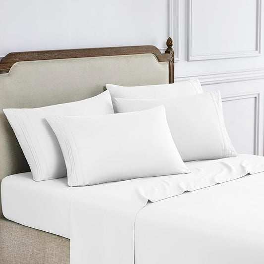 Modern Threads 6-Piece Bed Sheet Set - Deep Pocket, Soft Brushed Microfiber Sheets, Cool & Breathable for Mattress Up to 21 Inches, Includes 4 Pillowcases, Flat & Fitted Sheets, White Cal King