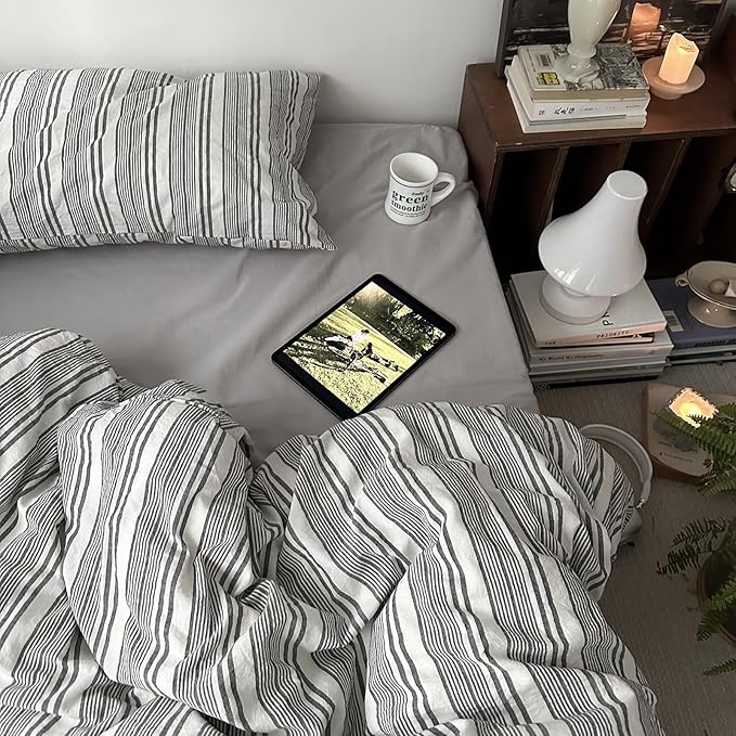 mixinni Vintage Gray & White Striped Duvet Cover Set - 3 Piece 100% Washed Cotton King Size Bedding | Minimalist Gender-Neutral Design | Ultra-Soft Breathable, with Zipper Closure & Corner Ties