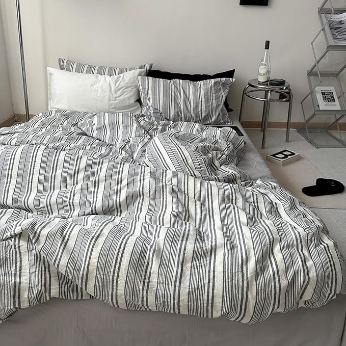 VM VOUGEMARKET Striped Duvet Cover Set Queen Size - 3 Pieces Washed Cotton Bedding Set,Preppy Style BoysComforter Cover for College Dorm,90"x90",Dark Grey&White