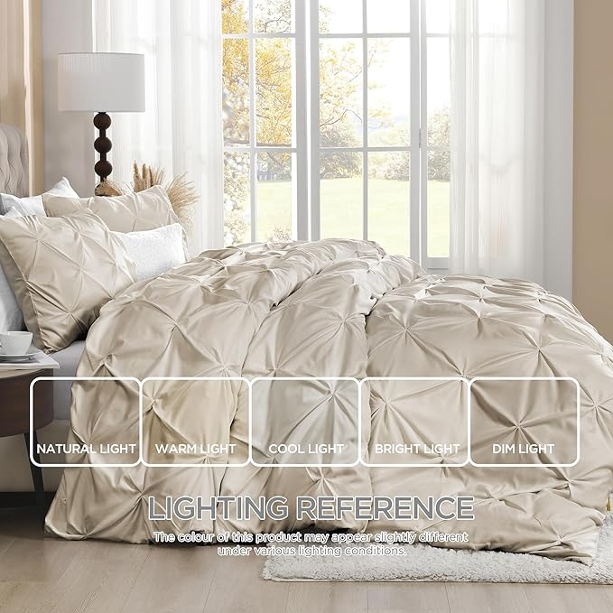 Litanika Oatmeal California King Pinch Pleat Duvet Cover, 3 Pieces Pintuck Cover Soft Microfiber Bedding Set with Zipper Closure & Corner Ties(1 Duvet Cover, 2 Pillowcases)