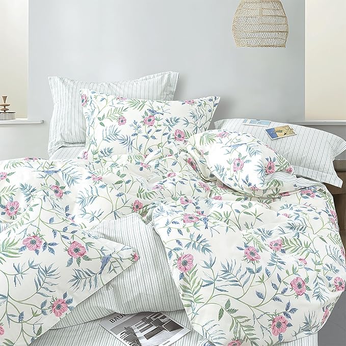 Elegant 100% Cotton Duvet Cover King Size - Petal Pink Flowers & Sage Branches on Soft White,Fine Striped Back, Neutural Bedding Set 3Pcs with Button Closure (King,104"x90")