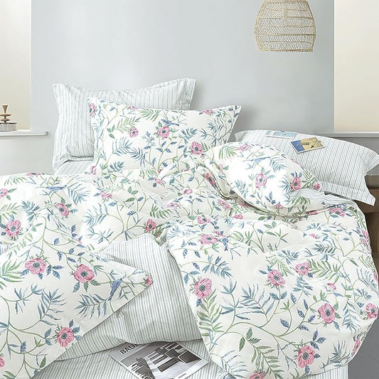 Elegant 100% Cotton Duvet Cover Queen Size - Petal Pink Flowers & Sage Branches on Soft White,Fine Striped Back, Neutural Bedding Set 3Pcs with Button Closure (Queen,90"x90")