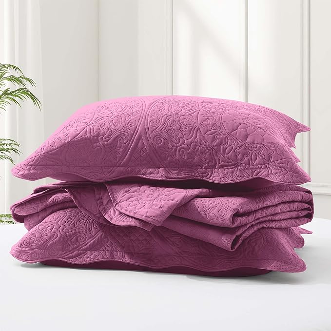 IR Imperial Rooms California King Quilt Bedding Set Size (118"x106") + 2 Pillow Shams (20" x 36"+ 2") - 3 Pcs All Season Reversible Microfiber Coverlet Embossed Floral Quilt Bedspread (Purple)