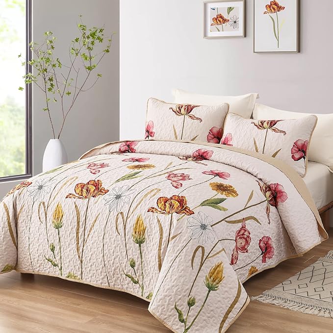 WONGS BEDDING Quilt Set Queen Size, 3 Pieces Floral Bedspread Bedding Sets Soft Lightweight Microfiber Flower Pink Coverlet Set for All Season (96"x90")