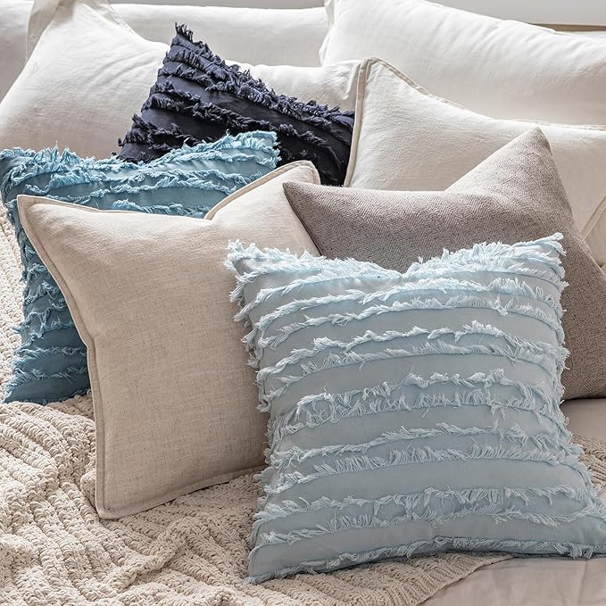 MIULEE Set of 2 Decorative Boho Throw Pillow Covers Linen Striped Jacquard Pattern Cushion Covers for Sofa Couch Living Room Bedroom 20x20 Inch Navy Blue