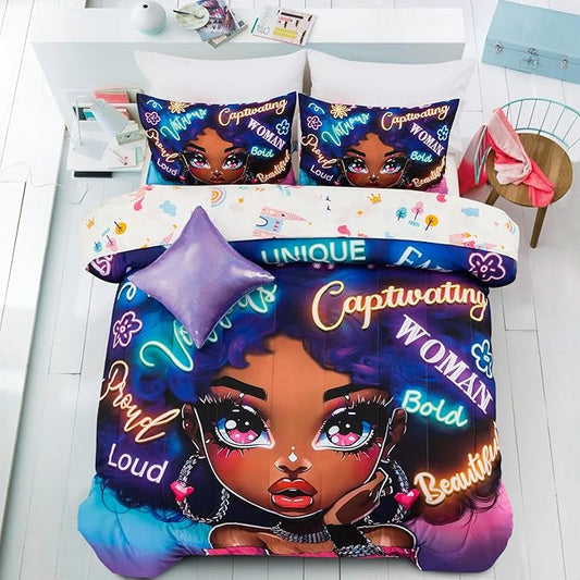 A Nice Night 6pcs Comforter Sets,Black Girl with Fashionable Attire Printing, Printed with Letters Background Kids Bedding Set,Queen