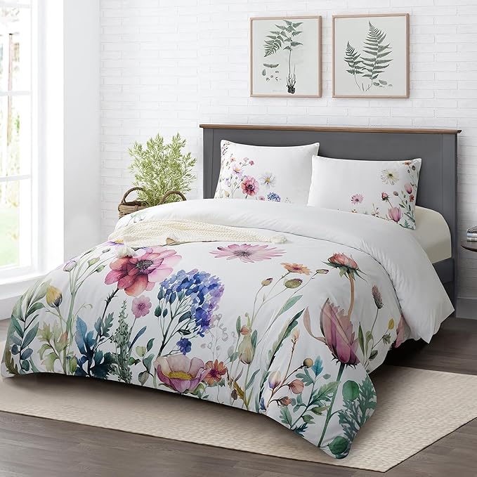 Style Quarters Duvet Cover Queen-100% Washed Microfiber Duvet Cover Set with Zipper Corner Ties 3PCS Meadow-Floral Bedding Set Includes 1 Duvet Cover and 2 Pillowcases Soft Queen Comforter Cover