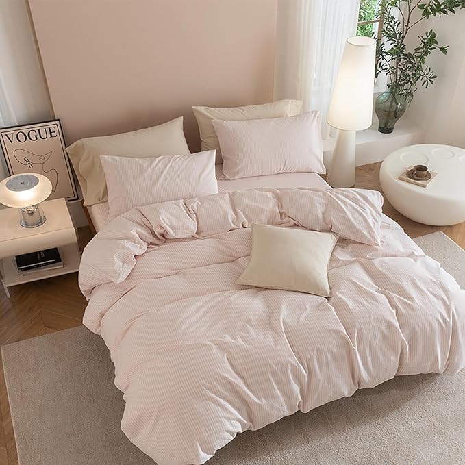JIYUAN 100% Washed Cotton Striped Duvet Cover Set 3 Pieces King, 1 Duvet Cover and 2 Pillowcases(Comforter Not Included),Linen Like Comfy and Breathable,Pinstripes - Greyish Pink White