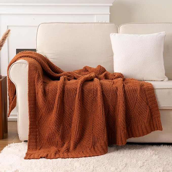 Battilo Fall Decor Caramel Diamond Knit Throw Blanket for Couch and Bed, Soft Textured Chenille Rust Orange Blanket, Cozy Lightweight Decorative Blanket for Sofa, 50"x60"