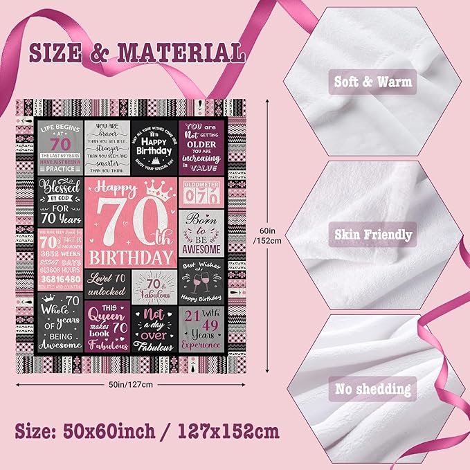 70th Birthday Gifts for Women, Happy 70th Birthday Decorations, 1956 Birthday Gifts for 70 Year Old Woman, Soft Flannel Pink Throw Blanket 60”X50”
