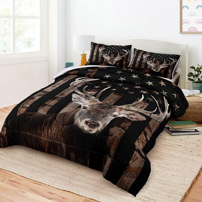 Bedbay American Flag Bed Comforter Set Hunting Deer Bedding Boys Girls Bedroom Decor Camo Bedding Down Alternative Comforter Camouflage Quilt Set 4 Pcs Lightweight Quilt for All Seasons(Deer,Queen)