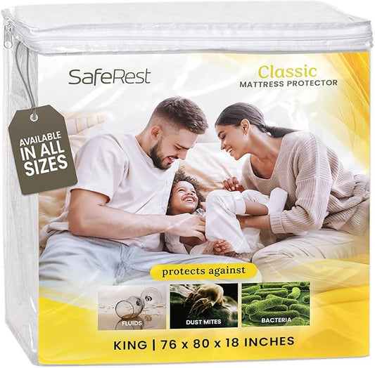 SafeRest Waterproof Mattress Protector King Size – Absorbent Breathable Soft Fitted Bed Cover with 18" Deep Stretchable Pockets – Machine Washable King Mattress Cover