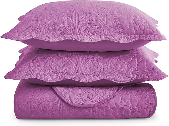 MOONLIGHT20015 10 Pack Queen Quilt Bedding Set (90" x 96") - Bulk Wholesale for Hotels, Guest Bedroom & Airbnbs - Lightweight Microfiber Reversible Floral Embossed Quilts Bedspreads (Purple)
