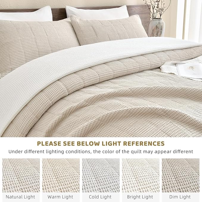 Sanracie100% Cotton Queen Size Quilt Bedspread (90"x98"), Wheat Colored Waffle Weave Quilt Sets 3Pcs Luxury Aesthetic Bedding Set Soft Lightweight Farmhouse Coverlet Set for All Seasons