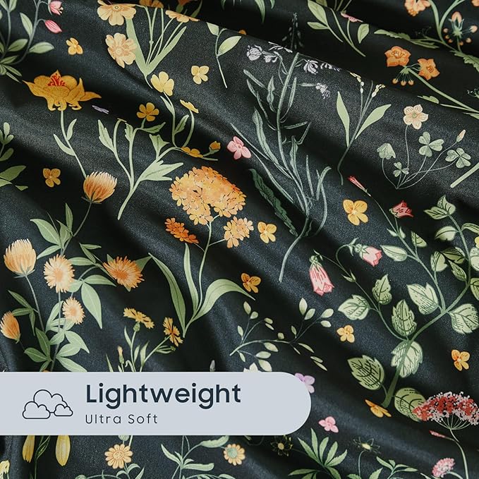 Wake In Cloud - Floral Duvet Cover Set, Shabby Chic Cottage Garden Botanical Flower Style with Elegant Wildflower Pattern, Soft Lightweight Bedding, 3 Pieces, Dark Green, Twin/Twin XL Size