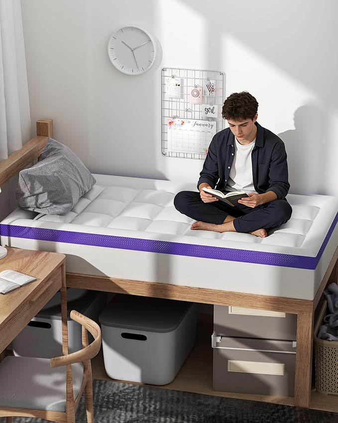 Dual Layer 4 Inch Memory Foam Mattress Topper Full XL - 2 Inch Gel Memory Foam and 2 Inch Pillow Top Mattress Pad,7-Zone Egg Crate Full XL Size Mattress Topper(White)
