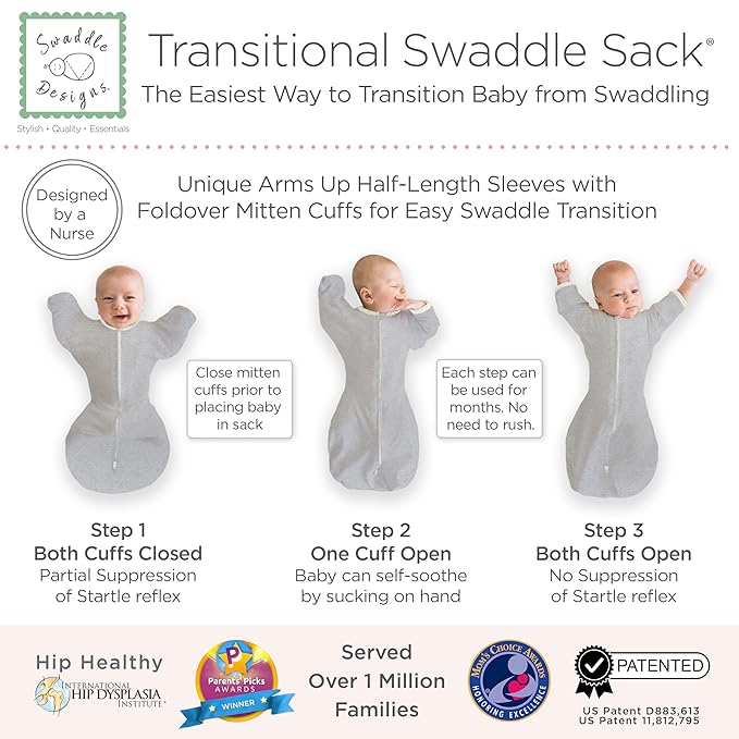 SwaddleDesigns Transitional Swaddle Sack, Arms Up Half-Length Sleeves & Mitten Cuffs, Swaddle for Newborn Transition to Baby Sleep Sack Wearable Blanket, Medium, 3-6 Month, 14-21 lb, Heathered Gray