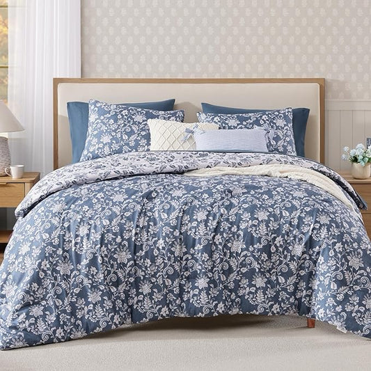 Twin XL Comforter Set -5 Pieces Floral Oxford Blue Bedding Set for All Seasons, Bed in a Bag with Botanical Flowers Comforter, Sheets, Pillowcase & Sham