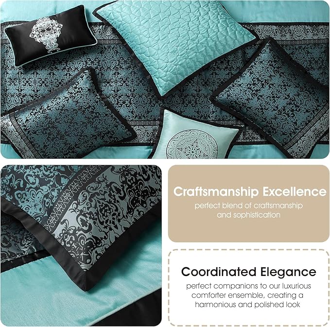 Grand Avenue Black & Teal Comforter Set Queen, Classic Jacquard Bedding Sets, Faux Silk, Premium Microfiber, 8 Pieces Bed in a Bag, Embroidered Pillows