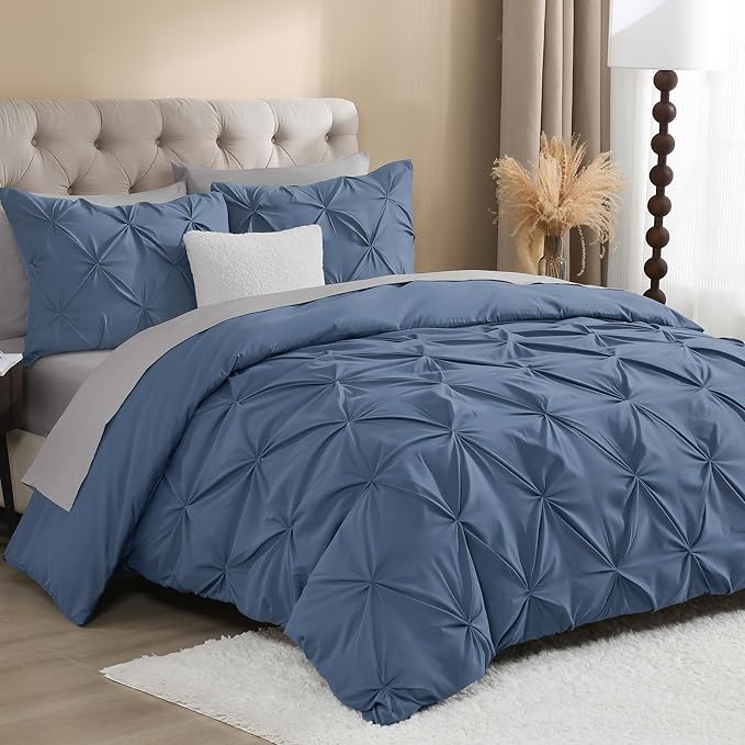Litanika Ocean Blue California King Pinch Pleat Duvet Cover, 3 Pieces Pintuck Cover Soft Microfiber Bedding Set with Zipper Closure & Corner Ties(1 Duvet Cover, 2 Pillowcases)
