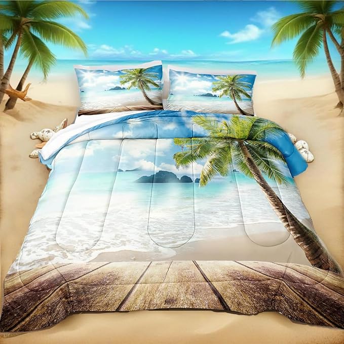 Bedbay Twin Comforter Set Beach Themed Bedding Twin Size Quilted Duvet Set Tropical Palm Tree Beach Comforter Set for Boys Girls Soft Microfiber Coastal Bedding for All Seasons