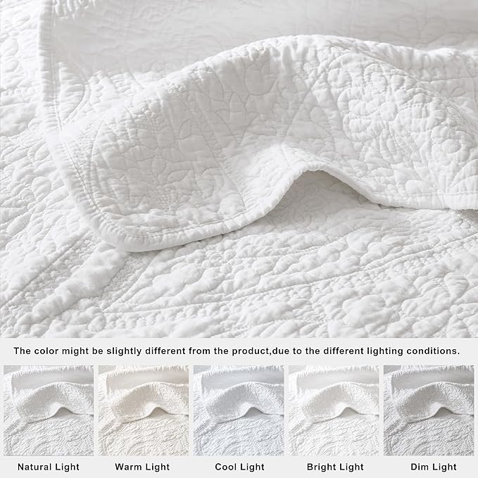palassio White Paisley 100% Cotton Quilt King Size Bedding Sets with 2 Pillow Shams, Boho Floral Lightweight Farmhouse Country Vintage Soft Bedspread Shabby Chic Coverlet for All Season, 3 Pieces