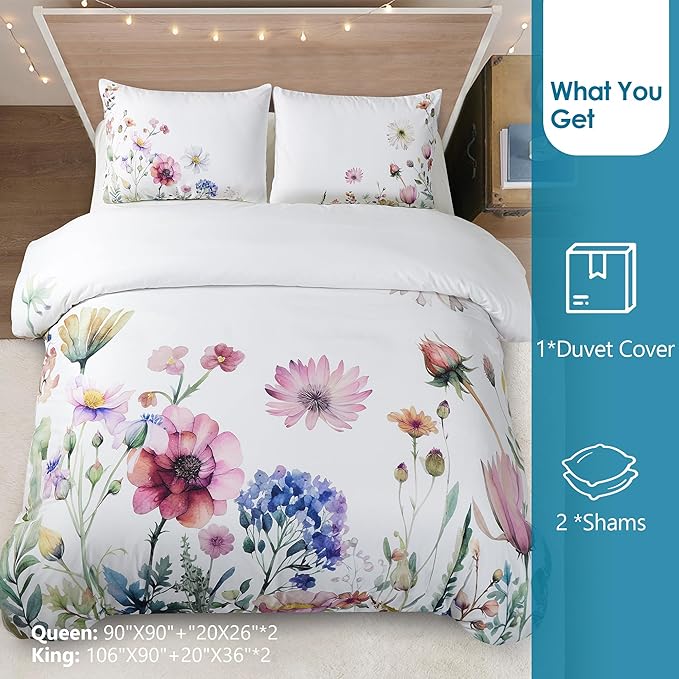 Style Quarters Duvet Cover Queen-100% Washed Microfiber Duvet Cover Set with Zipper Corner Ties 3PCS Meadow-Floral Bedding Set Includes 1 Duvet Cover and 2 Pillowcases Soft Queen Comforter Cover
