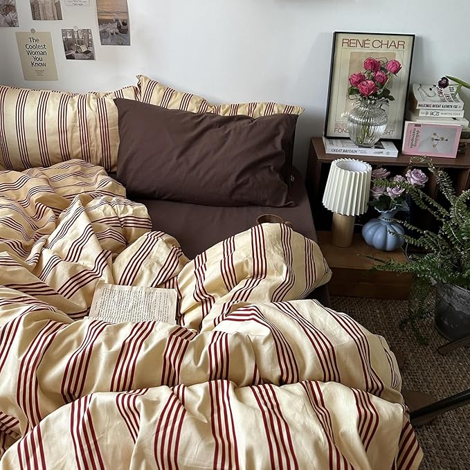 mixinni Retro Striped Duvet Cover Set - 100% Natural Cotton 3-Piece Vintage Red Stripes Pattern Printed Bedding Set, Soft Breathable Comforter Cover with Zipper Closure & Corner Ties, Twin XL Size