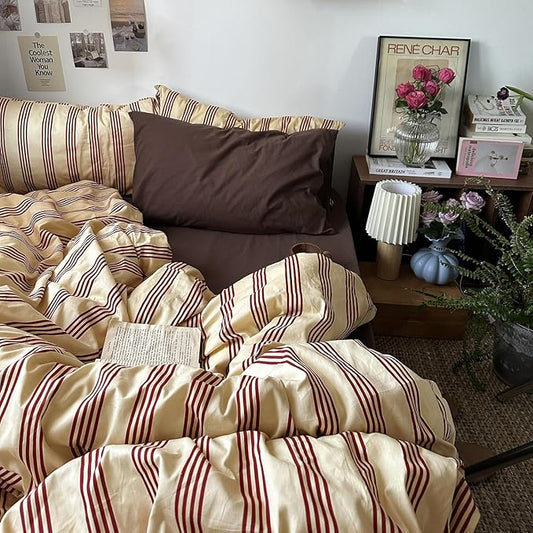 mixinni Retro Striped Duvet Cover Set - 100% Natural Cotton 3-Piece Vintage Red Stripes Pattern Printed Bedding Set, Soft Breathable Comforter Cover with Zipper Closure & Corner Ties, Twin XL Size