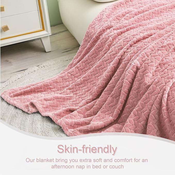 Exclusivo Mezcla Fleece Twin Size Blanket for Bed, 90x66 Inches Soft Cozy Jacquard Flannel Blankets, Lightweight Fuzzy Plush Warm for Women, Pink