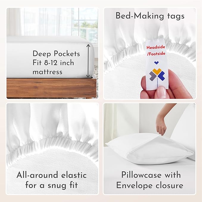 California Design Den Natural 100% Cotton Sheets Twin XL Size Set - Soft Sateen Weave, Twin XL Sheet Sets with 12" Pockets, Breathable and Durable Bedding for Dorm Rooms, College (White)