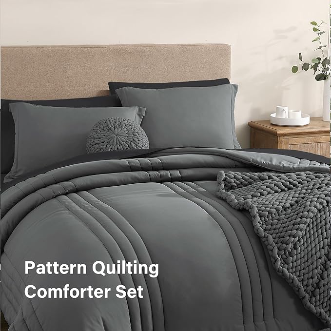Monbix Queen Comforter Set - 7 Pieces Grey Bed in a Bag Queen Bedding Sets with Comforters, All Seasons Comforter Bed Set with Sheets,Pillowcases & Shams