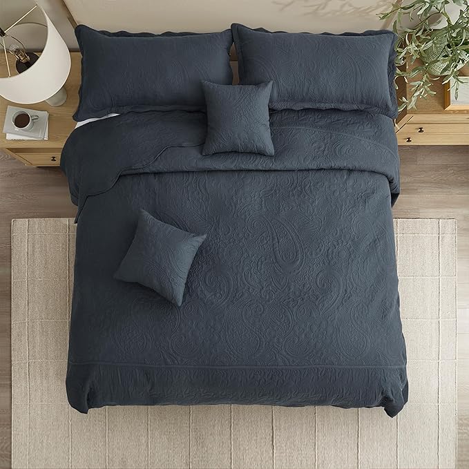 Oversized King Bedspread 128x120 Extra Wide, Ultrasonic Lightweight Bedding Cover, Paisley Pattern, Reversible, 5 Piece, 100% Microfiber, Polar Night