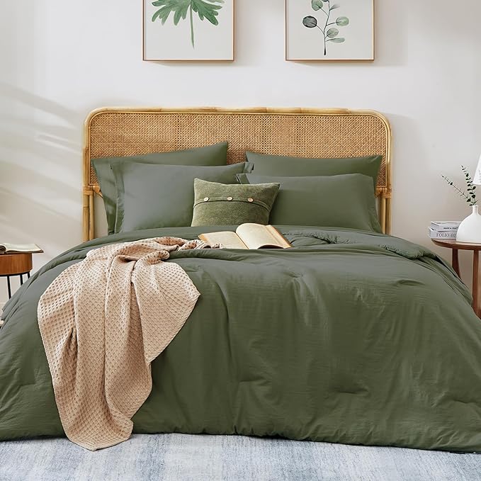 WRENSONGE Super King Plus Comforter Set- 7 Pieces Soft Olive Green Bed in a Bag with Fitted Sheet, Flat Sheet, 2 Pillow Shams, and 2 Pillowcases- Warm Bedding Sets Super King Plus for All Season