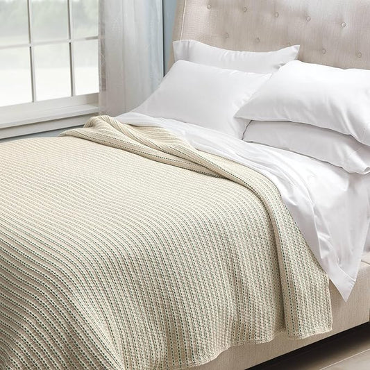 Cuddledown Dobby Weave Cotton Blanket | Made in USA | 100% American-Grown Cotton | All Season Comfort | 50" x 70" | Throw | Natural & Green
