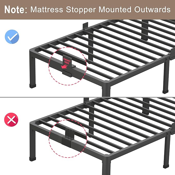 ROIL 12 inch Metal Queen Bed Frame with Rounded Corner and Headboard Hole Mattress Retainers 3500LBS Heavy Duty Steel Slats No Box Spring Needed Platform Noise-Free Easy Assemble