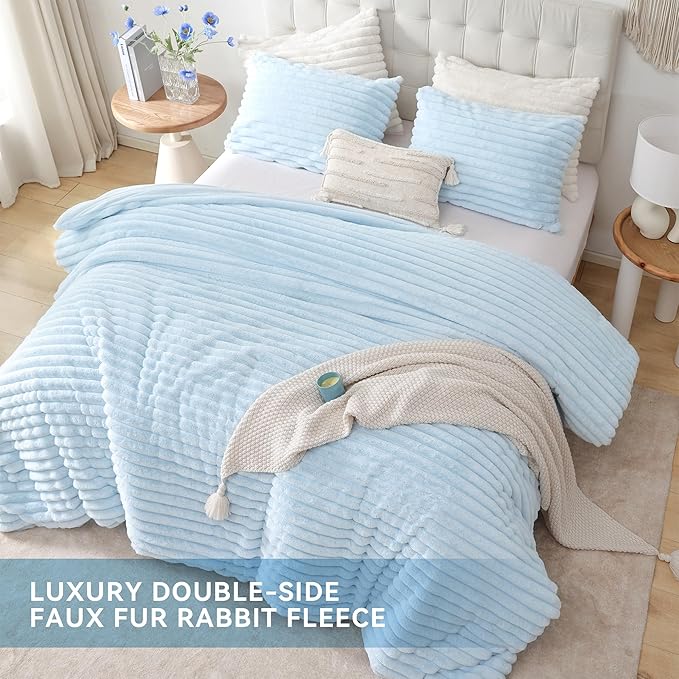 Smoofy Fluffy Full Size Comforter Sets 3 Pieces - Light Blue Fleece Fluffy Comforter Set, Luxury Fuzzy Full Bed Set, Soft Comforter Full Size All Season, Heavy Faux Fur Comforter with 2 Pillow Cases