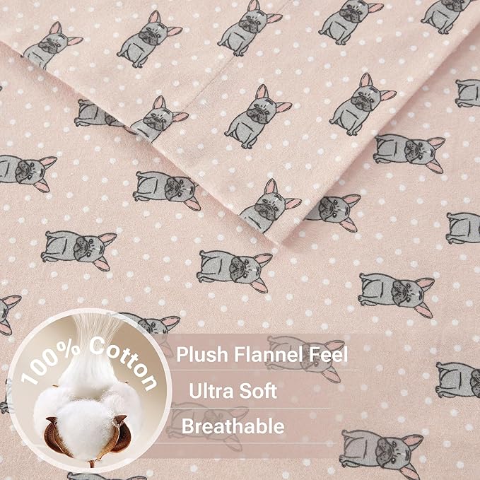 True North by Sleep Philosophy Cozy Flannel Warm 100% Cotton Sheet - Novelty Print Animals Stars Cute Ultra Soft Cold Weather Bedding Set, Full, Pink French Bulldog 4 Piece