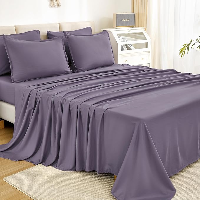 Litanika California King Comforter Set Grey Purple - 7 Pieces Bed in a Bag Cal King Bedding Comforter Sets, Plain Lightweight Bed Set with Comforter, Sheets, Pillowcases & Shams