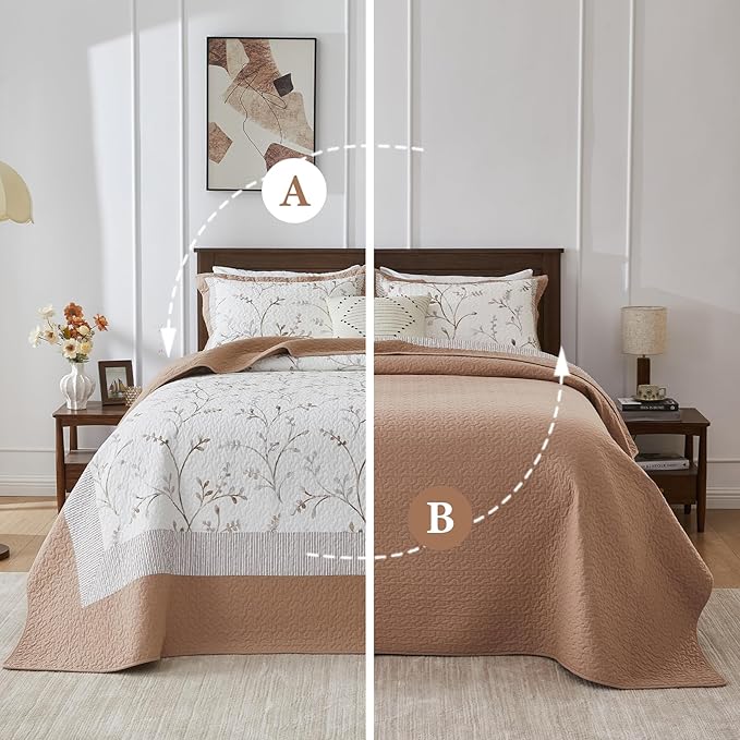 Oversized Queen Bedspread 102"x120" - 100% Cotton Lightweight All-Season Quilted Coverlet with Vine Floral Design - Elegant Farmhouse & Modern Bedding - Oversized Queen Quilt Brown/White