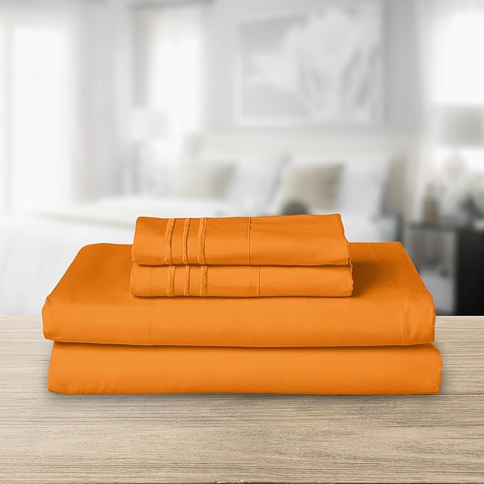 Elegant Comfort Luxurious 1500 Premium Hotel Quality Microfiber Three Line Embroidered Softest 4-Piece Bed Sheet Set, Wrinkle and Fade Resistant, Queen, Orange