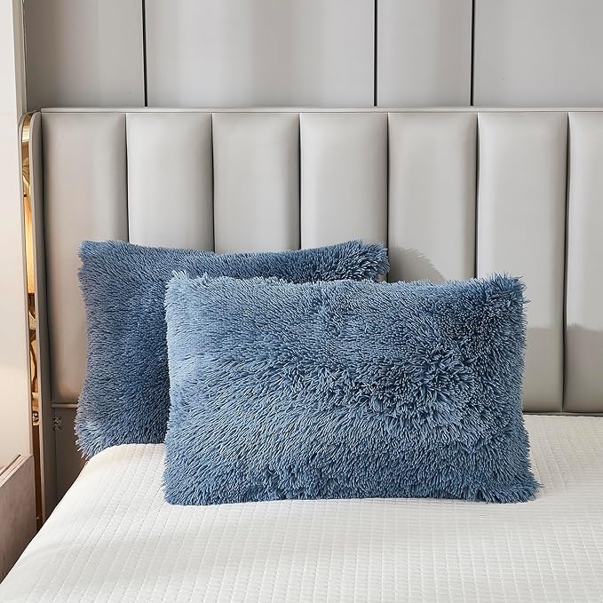 Uhamho Faux Fur Velvet Fluffy Bedding Duvet Cover Set Down Comforter Quilt Cover with Pillow Shams, Ultra Soft Warm and Luxury (King, Dusty Blue)