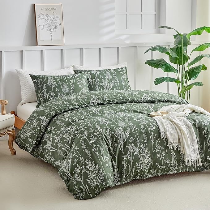 Lekesky Floral Duvet Cover Queen Size, Army Green Queen Duvet Cover with Plant Flowers Pattern,Soft Microfiber Breathable Bedding Set with Zipper & Corner Ties for All Season