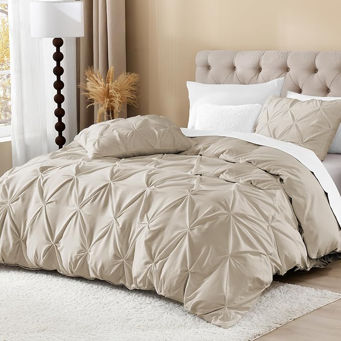 Litanika Oatmeal California King Pinch Pleat Duvet Cover, 3 Pieces Pintuck Cover Soft Microfiber Bedding Set with Zipper Closure & Corner Ties(1 Duvet Cover, 2 Pillowcases)