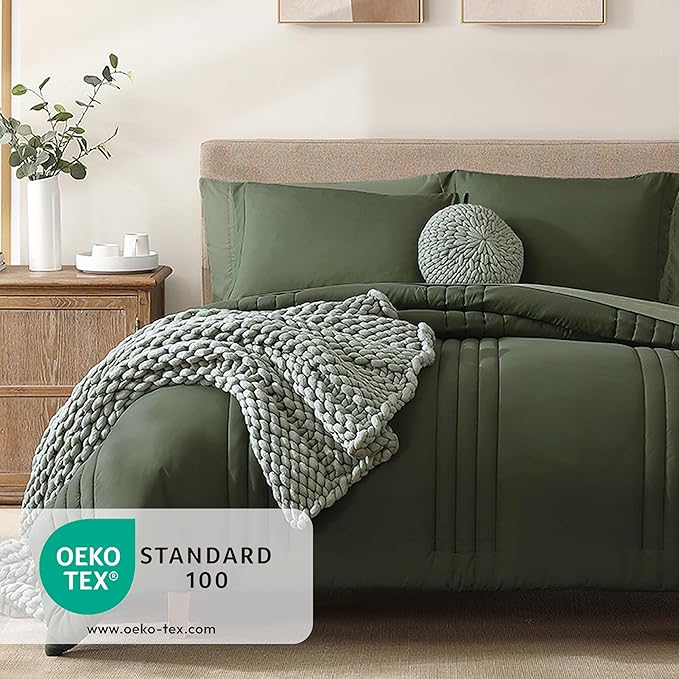 Monbix Queen Comforter Set - 7 Pieces Olive Green Bed in a Bag Queen Bedding Sets with Comforters, All Seasons Comforter Bed Set with Sheets, Pillowcases & Shams