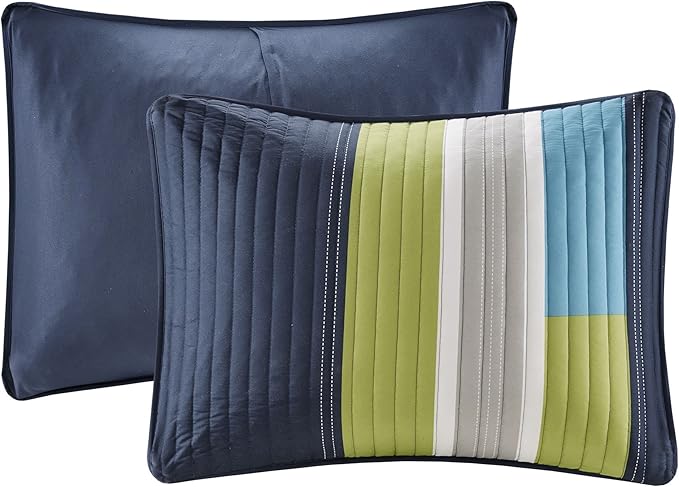 Comfort Spaces CS14-0861 2 Piece Quilt Coverlet Bedspread All Season Lightweight Hypoallergenic Pipeline Colorblock Kids Bedding Set, Twin/Twin XL, Pierre Navy/Blue Stripe