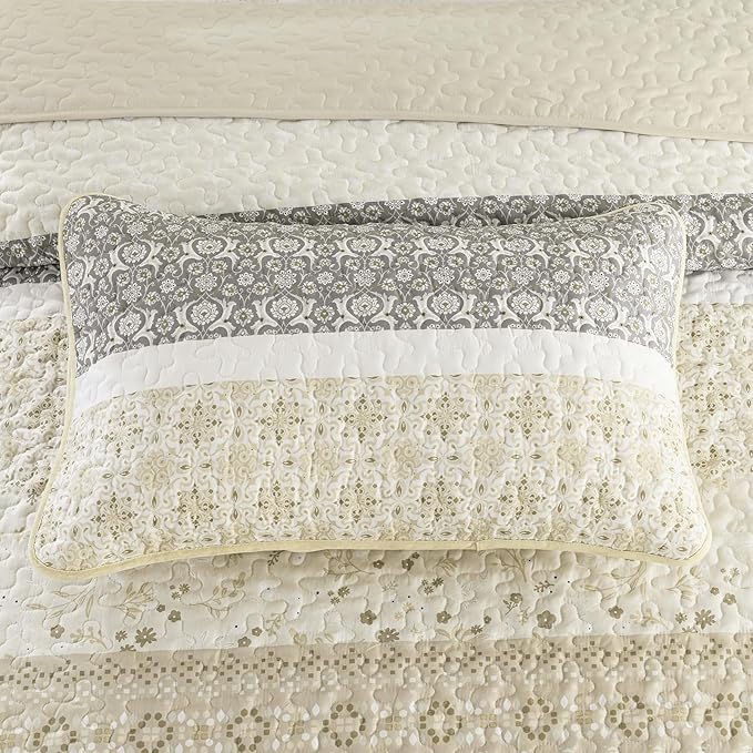 WONGS BEDDING Boho Quilt Set King Size,Beige Bohemian Striped Patchwork Bedspread Set,3 Pieces Microfiber Bedding Set for All Seasons (104"×90")