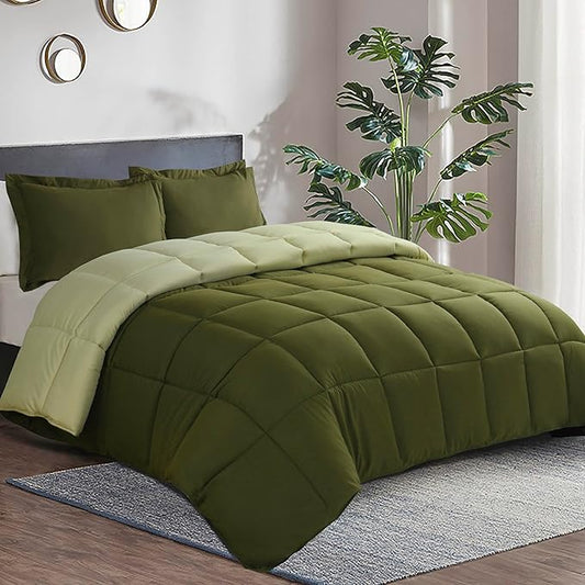 HIG 3pc Olive Green Queen Comforter Set - All Season Reversible Down Alternative Comforter with Two Shams - Quilted Duvet Insert with Corner Tabs - Box Stitched - Breathable, Soft, Fluffy